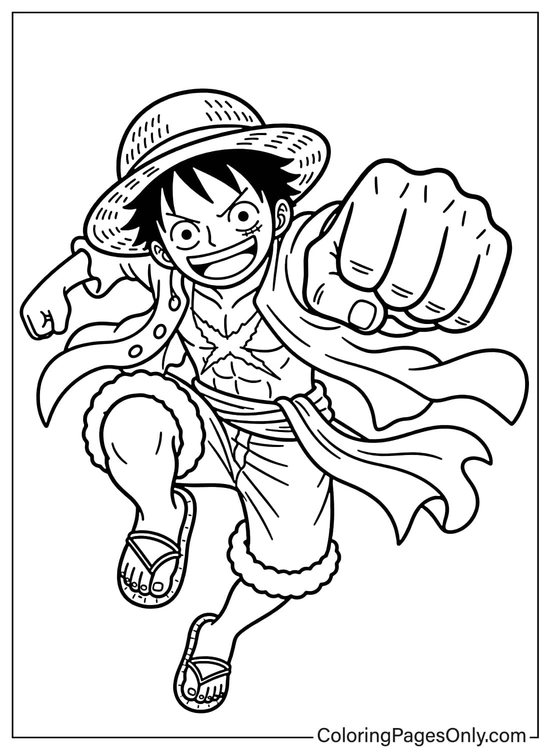 Luffy jumping forward into battle with one fist out and his sash flowing in motion from Luffy