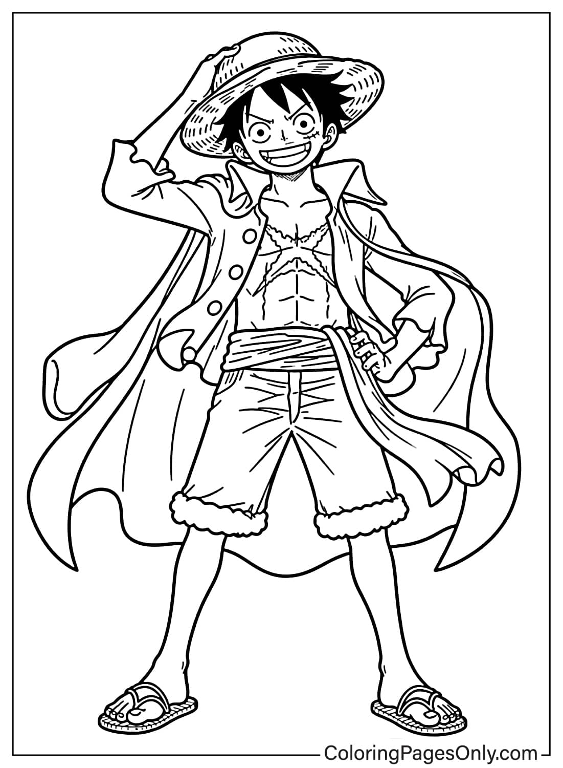 Luffy posing like a pirate captain with one hand on his hat and a cape blowing behind him from Luffy