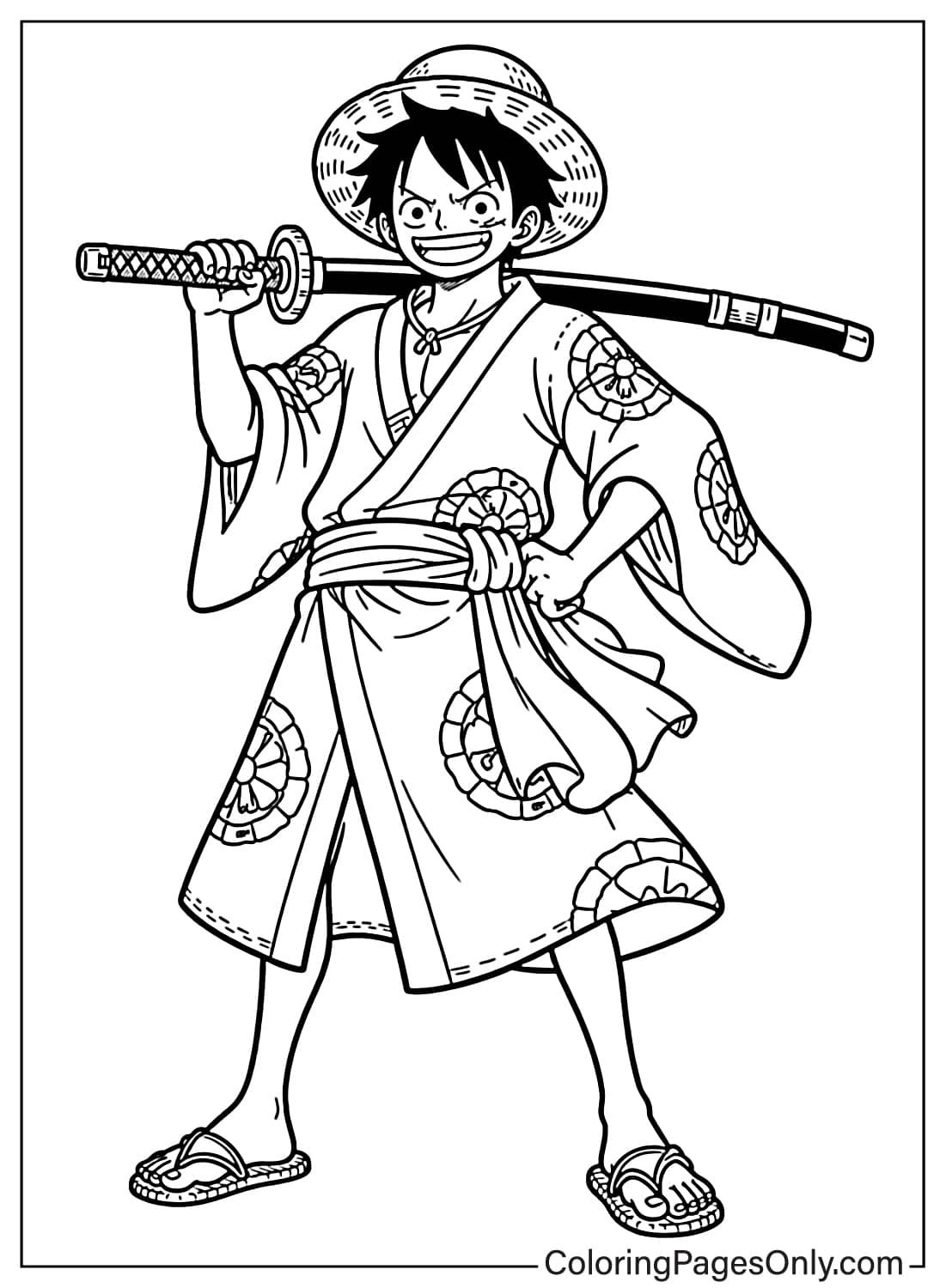 Luffy standing confidently in a Wano-style outfit with a sword resting across his shoulders from Luffy