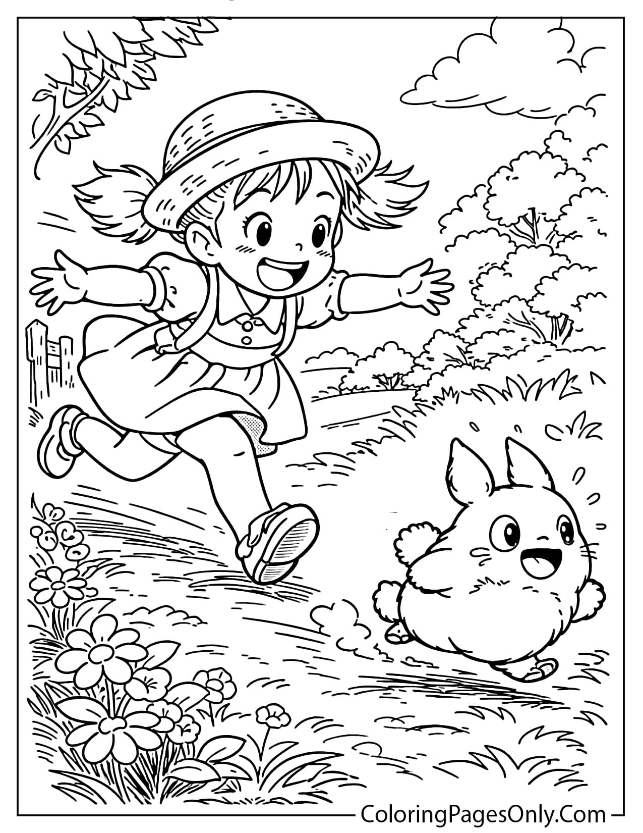 Mei chasing the little Totoro through a grassy path coloring page from My Neighbor Totoro