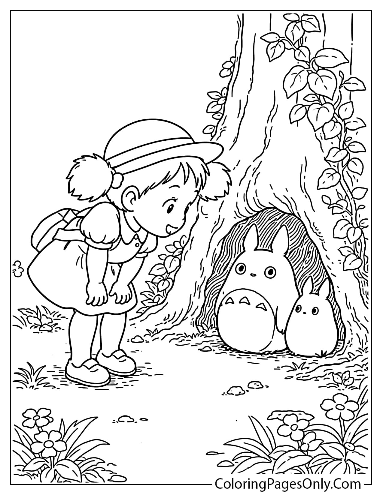 Mei meeting the small Totoros by a tree hollow coloring page from My Neighbor Totoro