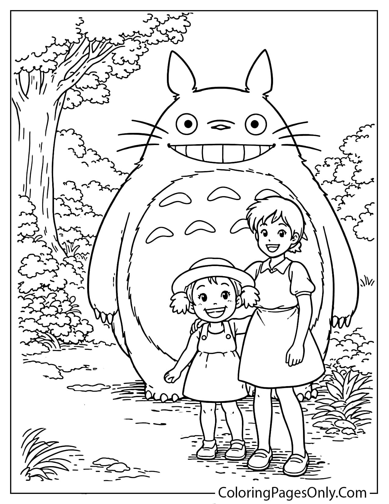 Mei and Satsuki with Totoro in the forest coloring page from My Neighbor Totoro