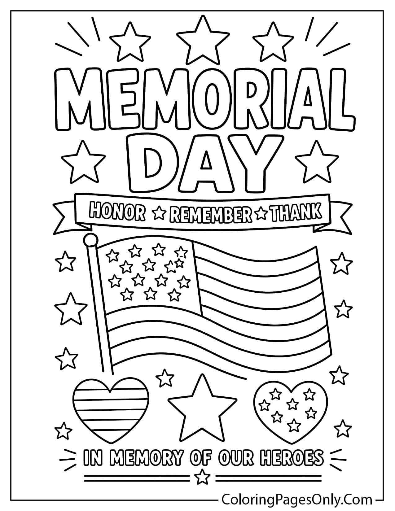 Memorial Day classroom poster coloring page with flag, stars, and tribute text from Memorial Day