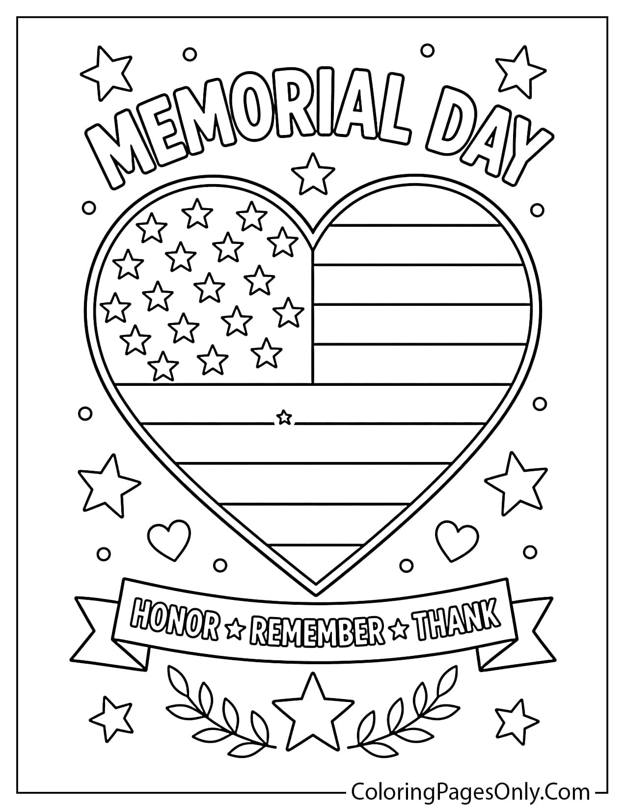 Memorial Day heart with American flag coloring page in bold line art from Memorial Day