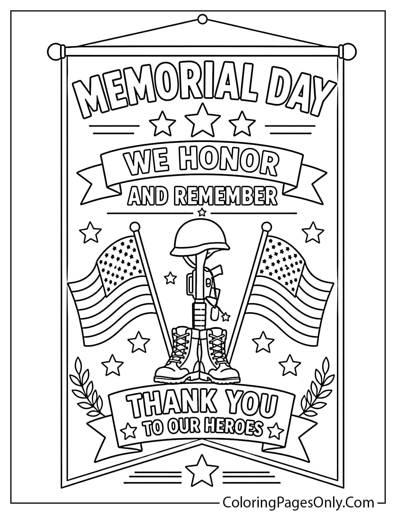 Memorial Day tribute banner coloring page with patriotic symbols and honor message from Memorial Day
