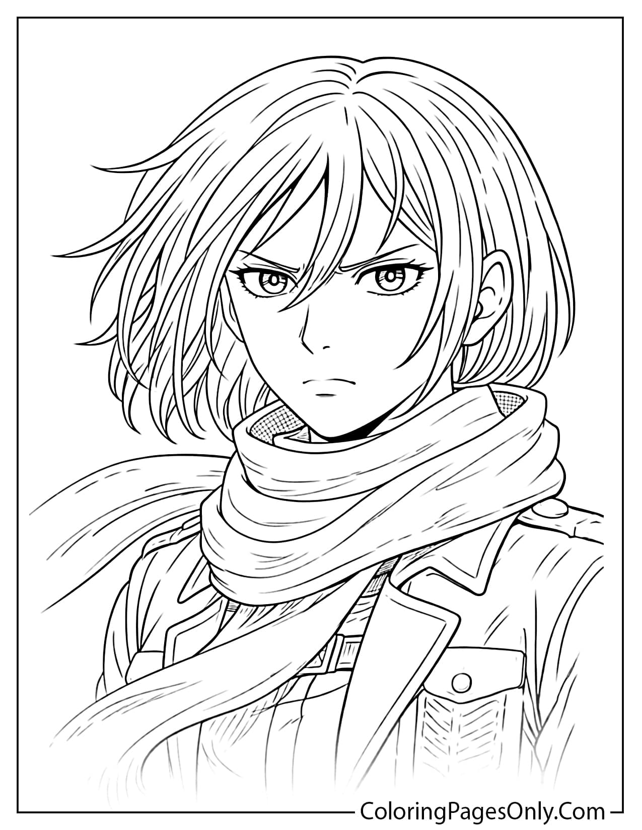 Mikasa Ackerman serious face close up with scarf blowing coloring page from Attack On Titan