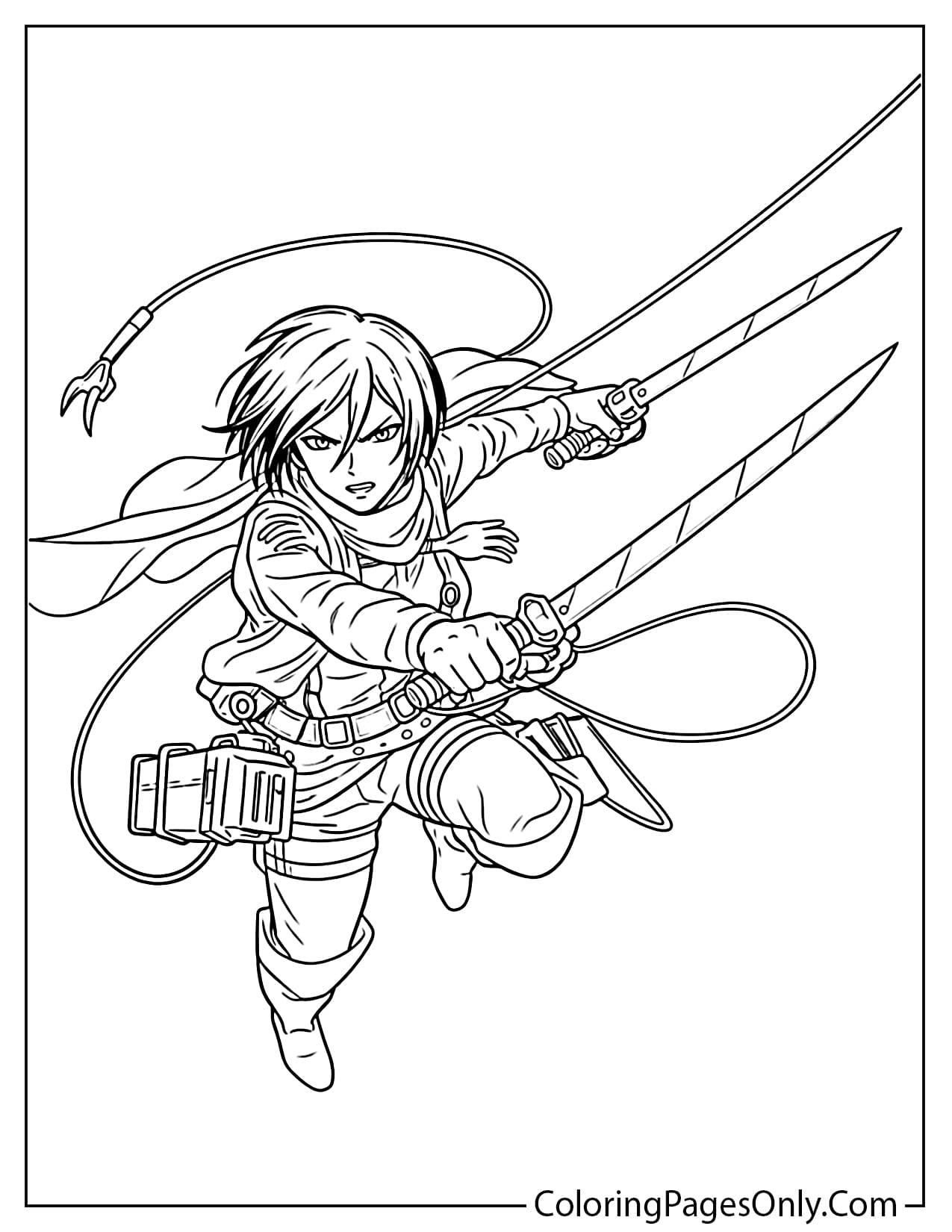 Mikasa Ackerman using ODM gear mid air attack coloring page from Attack On Titan