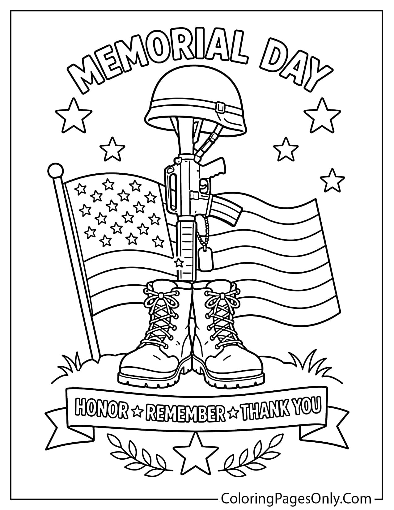 Military boots memorial tribute coloring page with helmet and rifle cross from Memorial Day