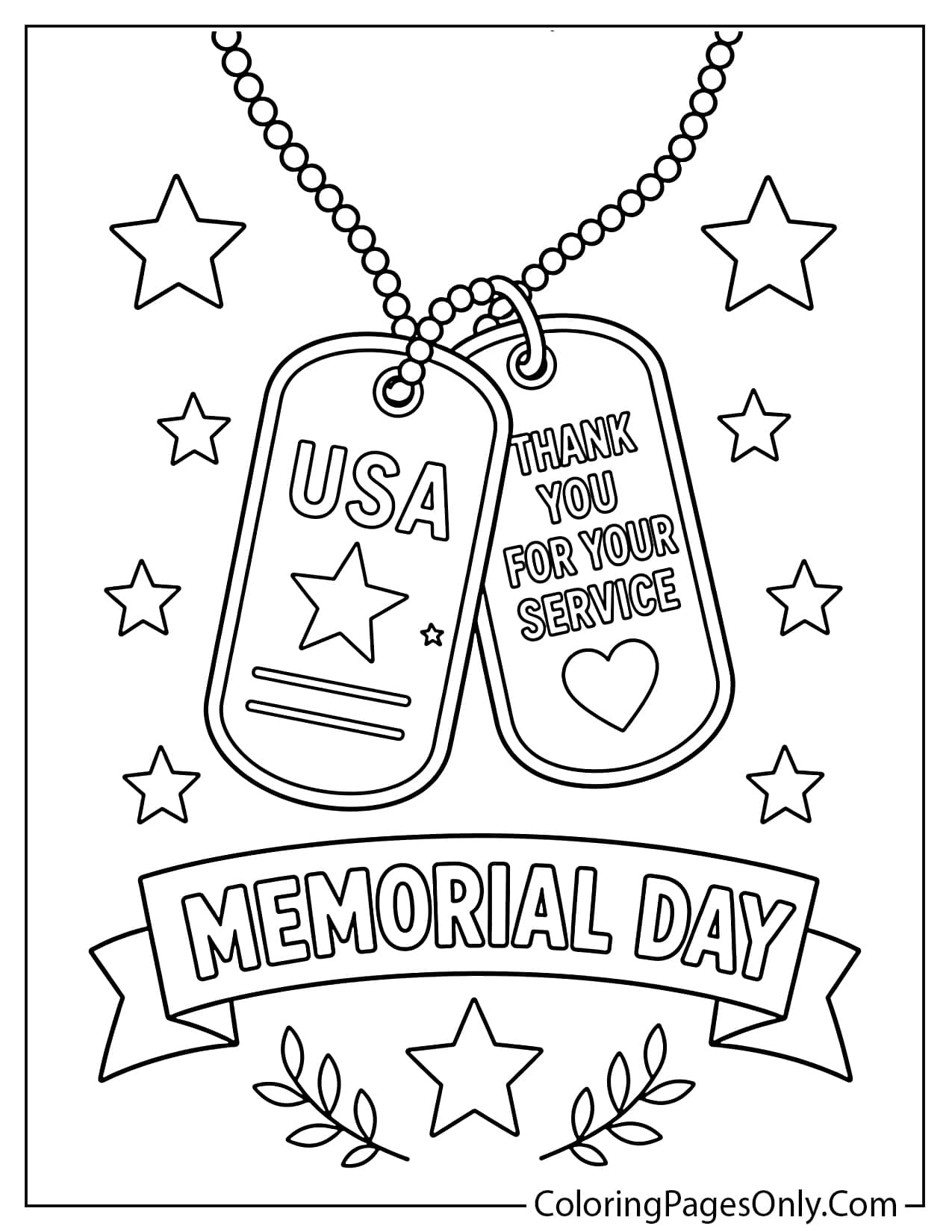 Military dog tags Memorial Day coloring page with stars and patriotic banner from Memorial Day