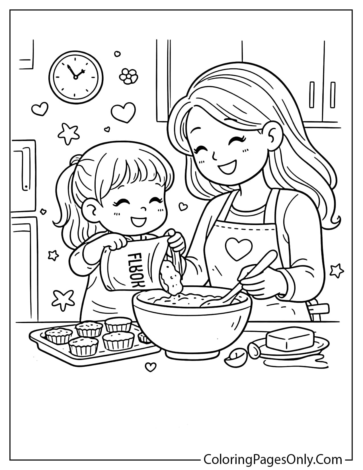 Mom and daughter baking together coloring page in kitchen with cupcakes and mixing bowl from Mother's Day