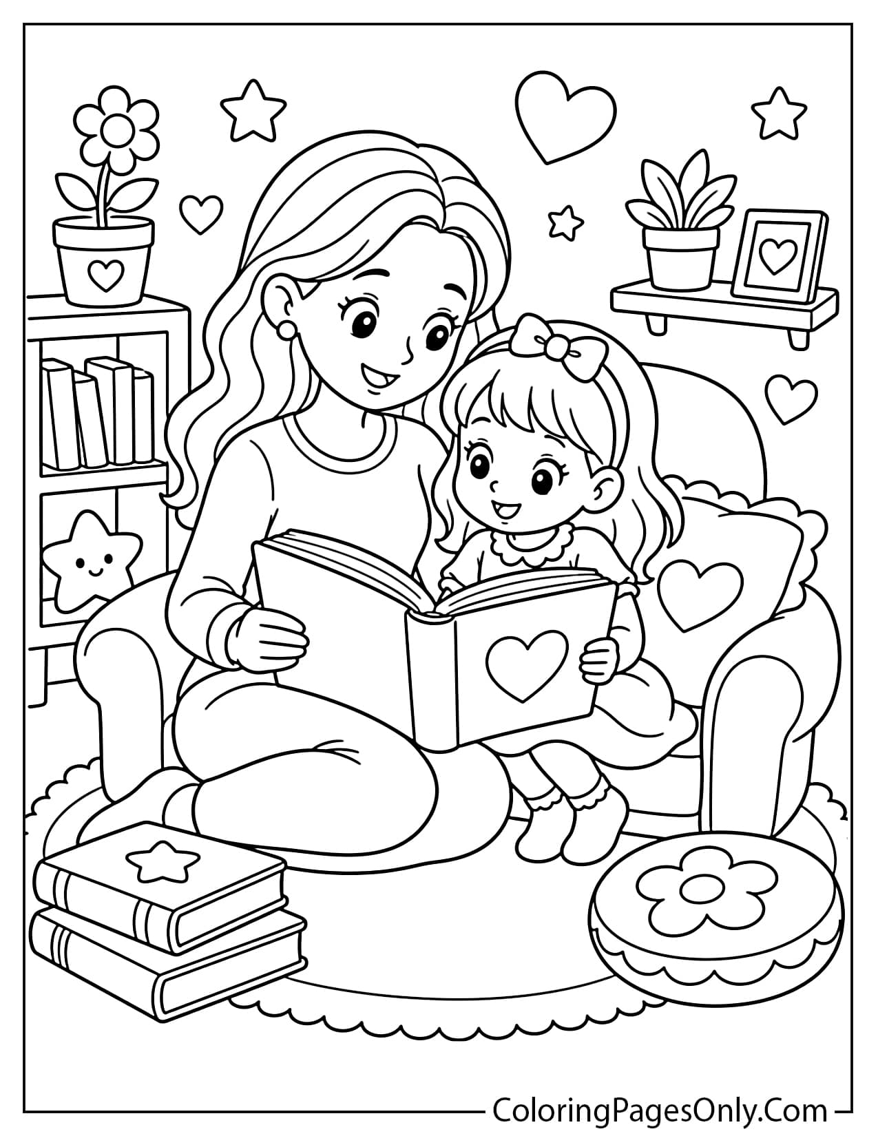 Mom and daughter reading together coloring page from I Love Mom