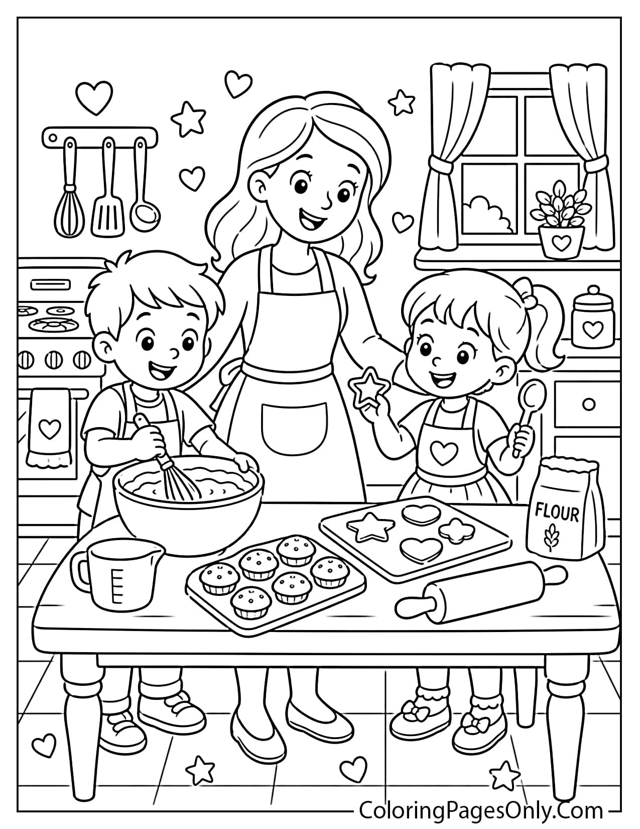 Mom and kids baking together coloring page from I Love Mom