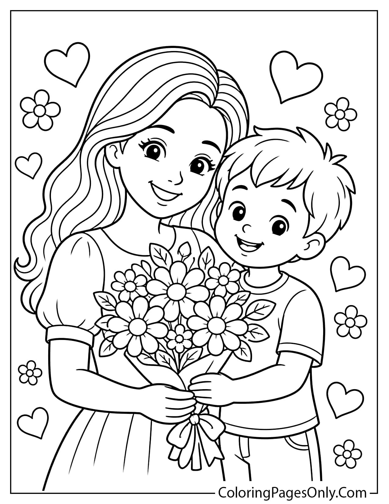 Mom and son holding flowers coloring page from I Love Mom