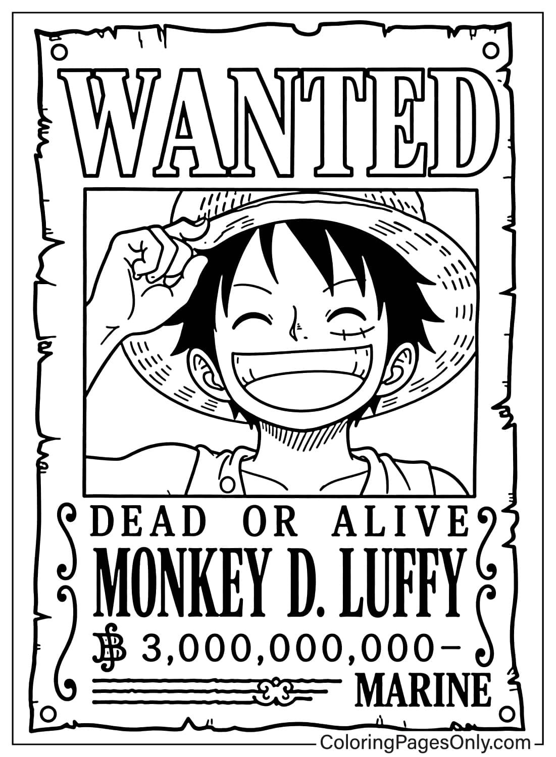 Wanted poster of Monkey D. Luffy smiling and holding the brim of his straw hat from Luffy