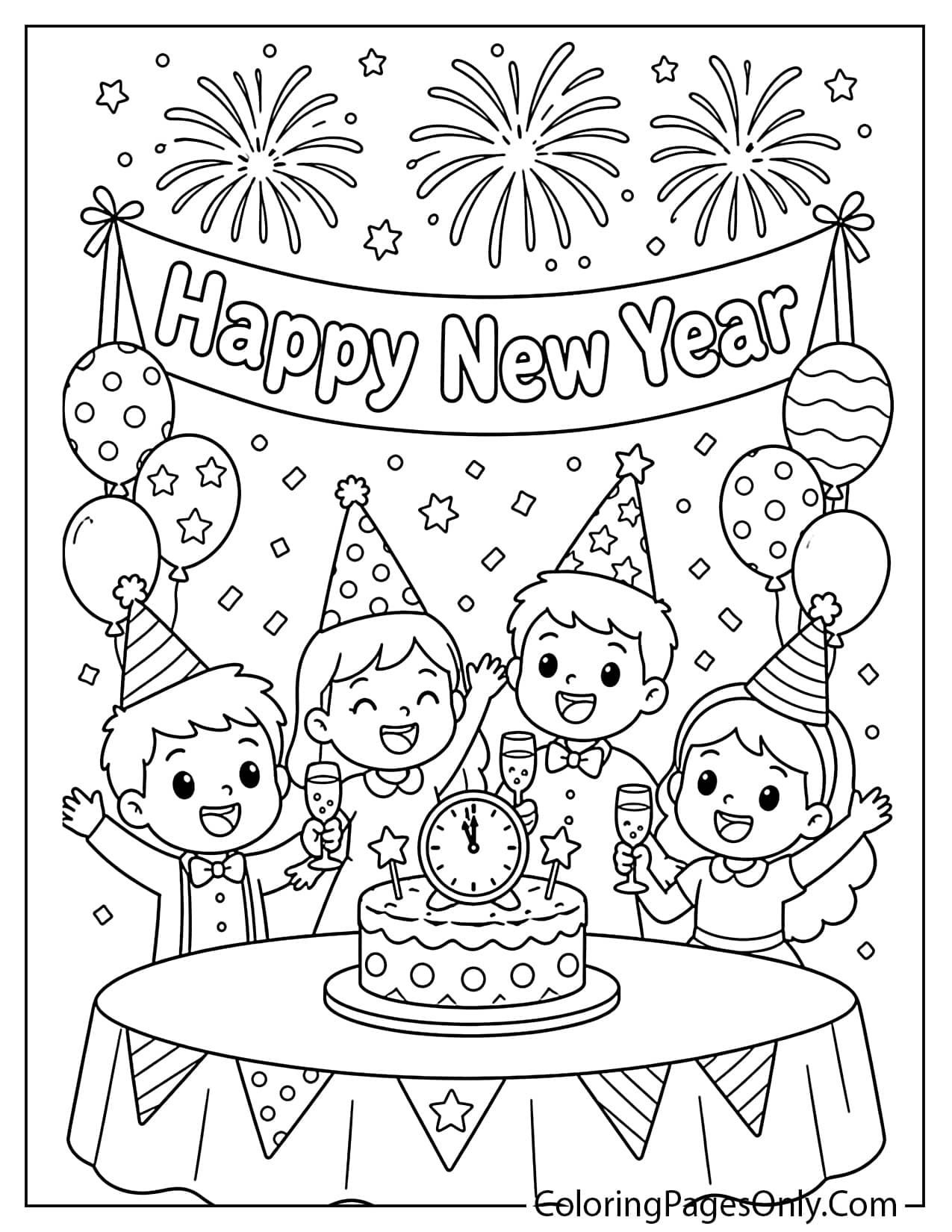 New Year Party with Fireworks Coloring Page from Fireworks