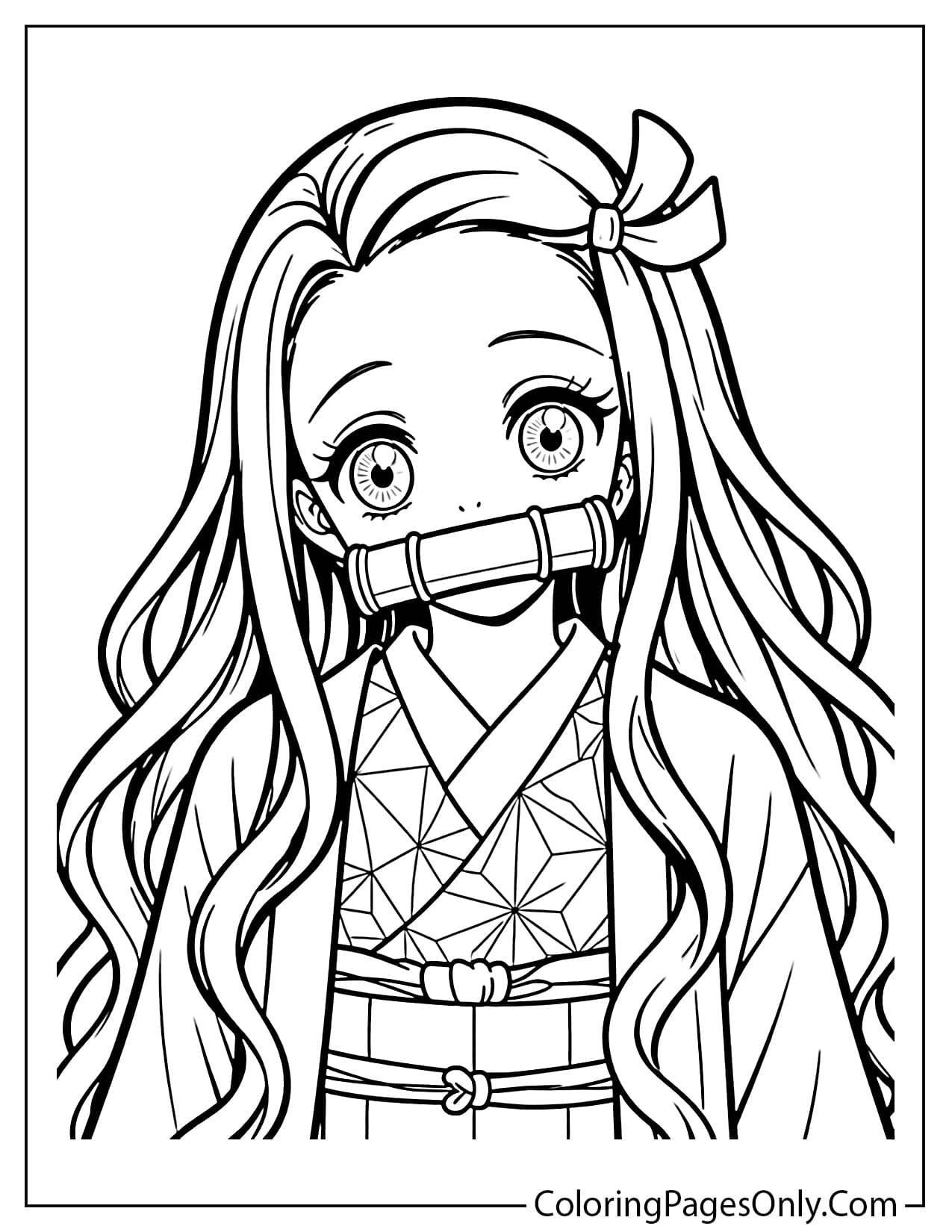 Close-up of Nezuko’s face with long hair and bamboo muzzle from Nezuko