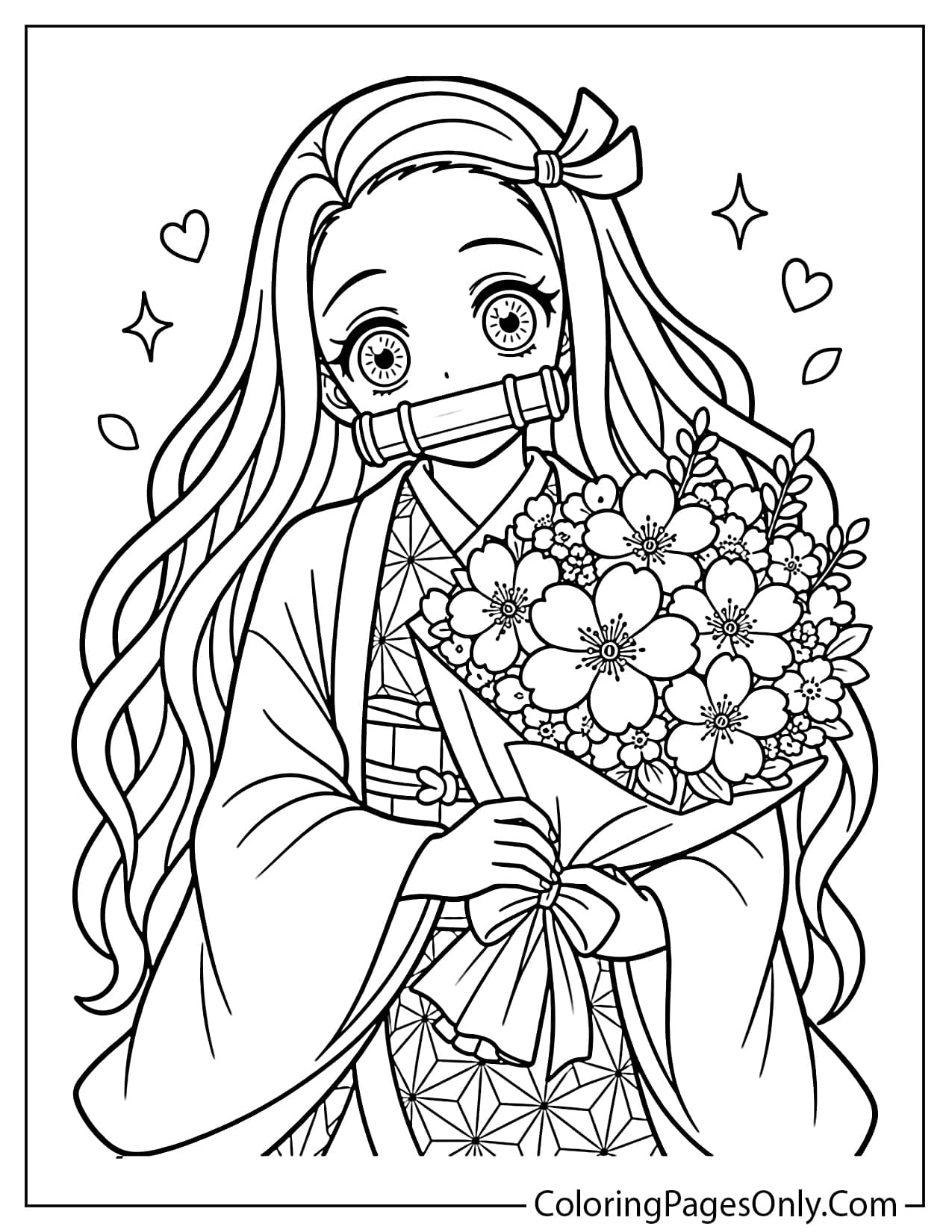 Nezuko holding a large bouquet of flowers with hearts and sparkles from Nezuko