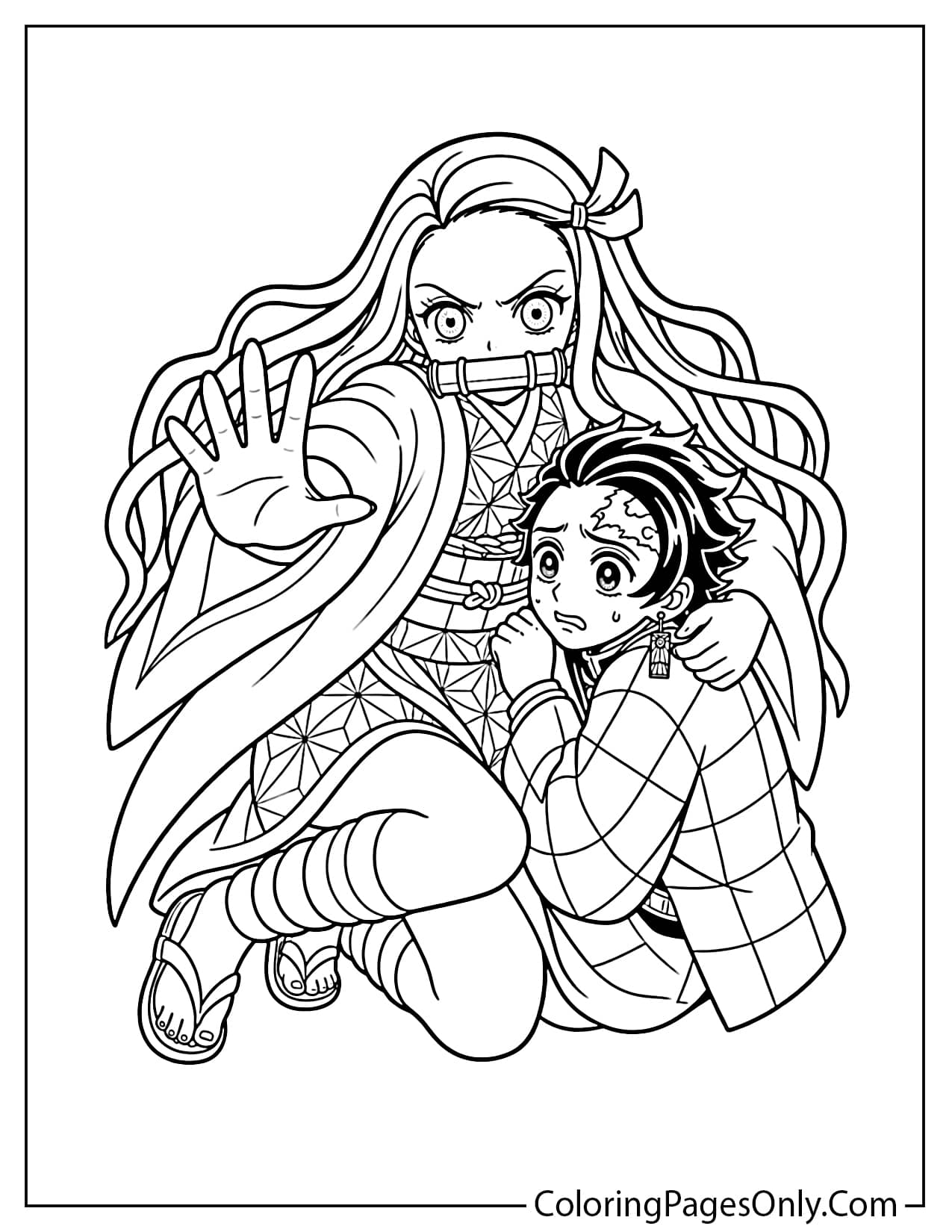 Nezuko protecting Tanjiro with one hand raised in front from Nezuko