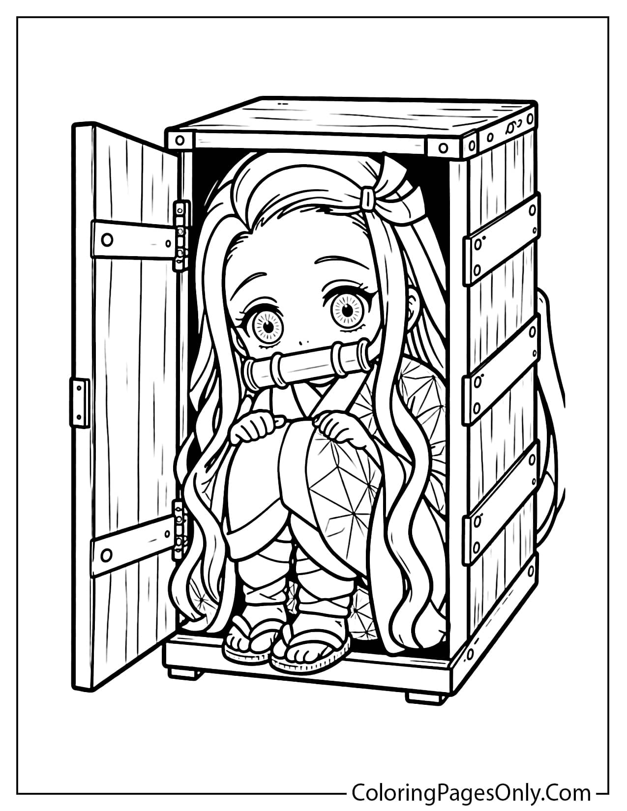 Nezuko standing inside the wooden box with the door open from Nezuko
