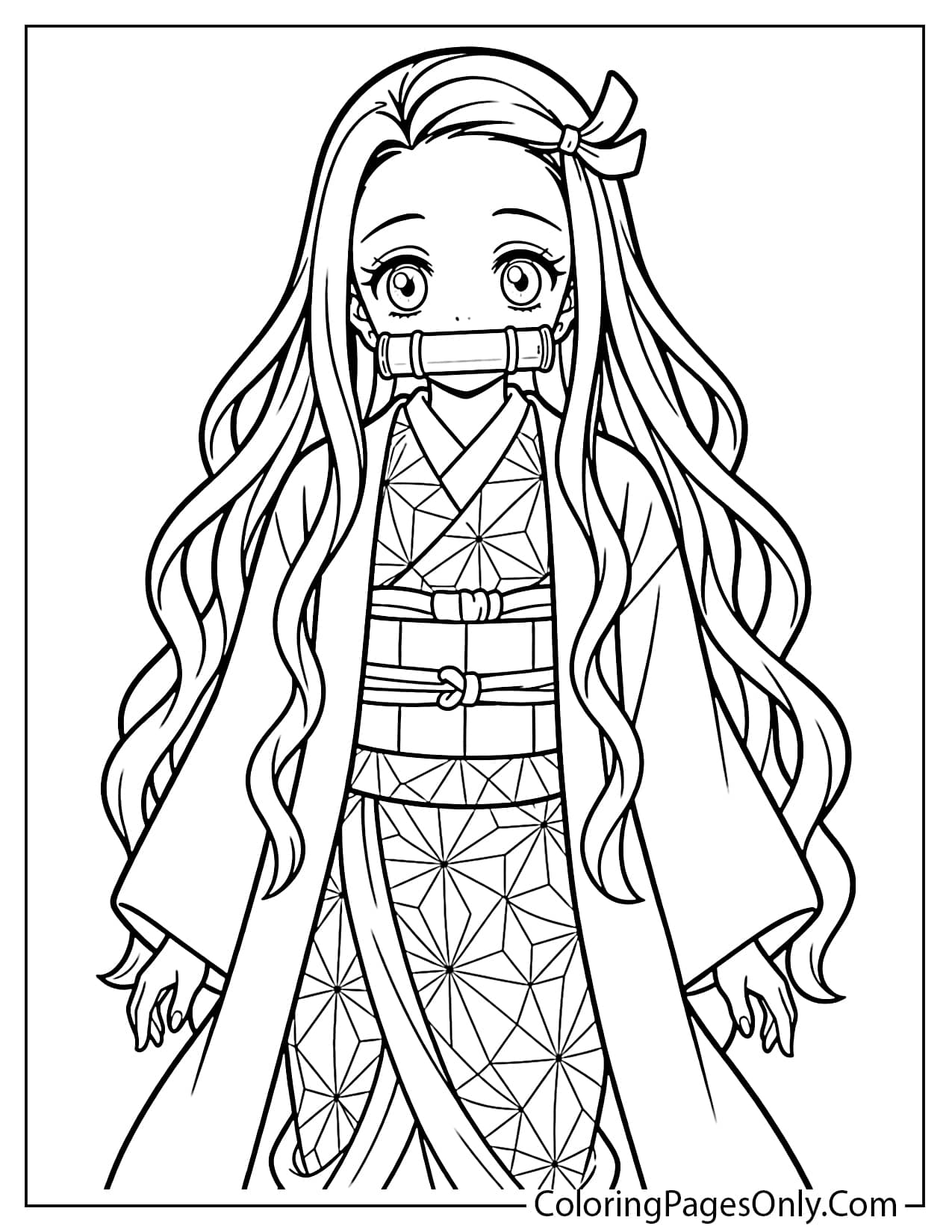 Nezuko standing in her kimono with a bamboo muzzle from Nezuko