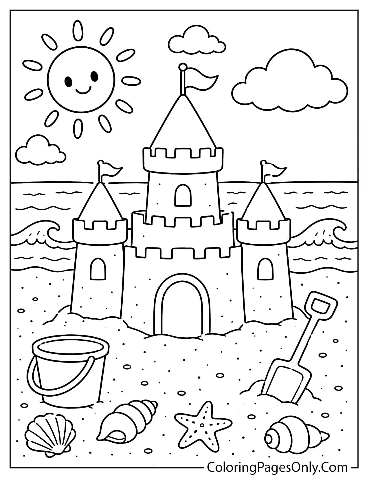 Sandcastle coloring page for kids from Beach