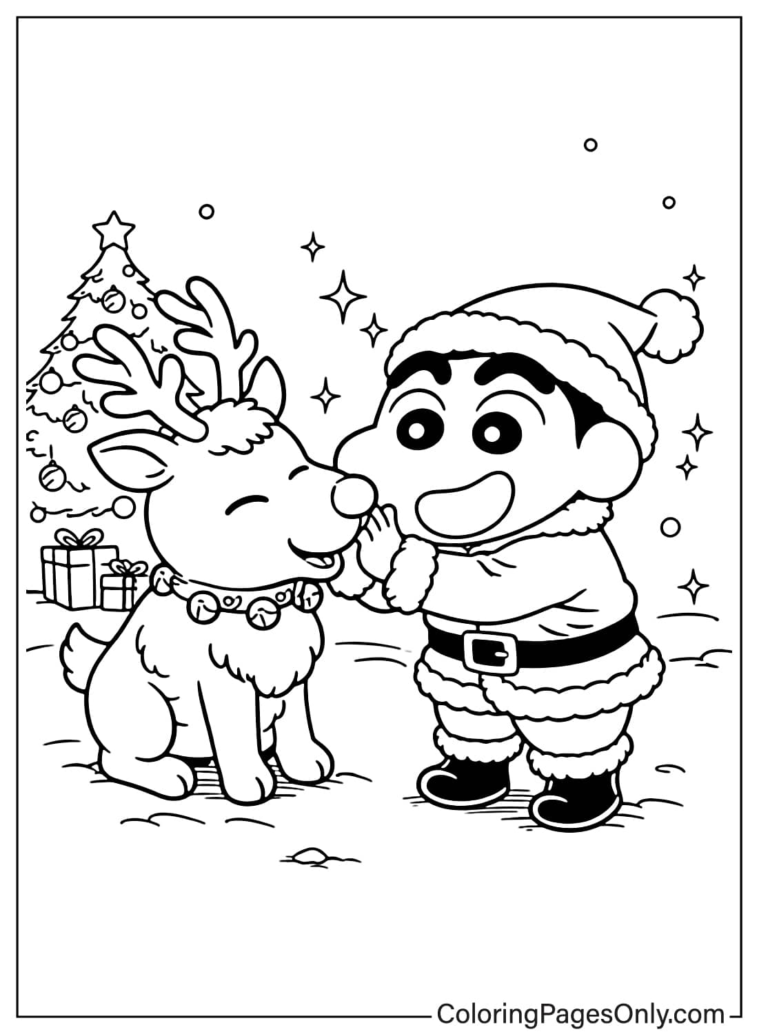 Shin-chan coloring page in Christmas outfit playing with reindee from Shin-chan