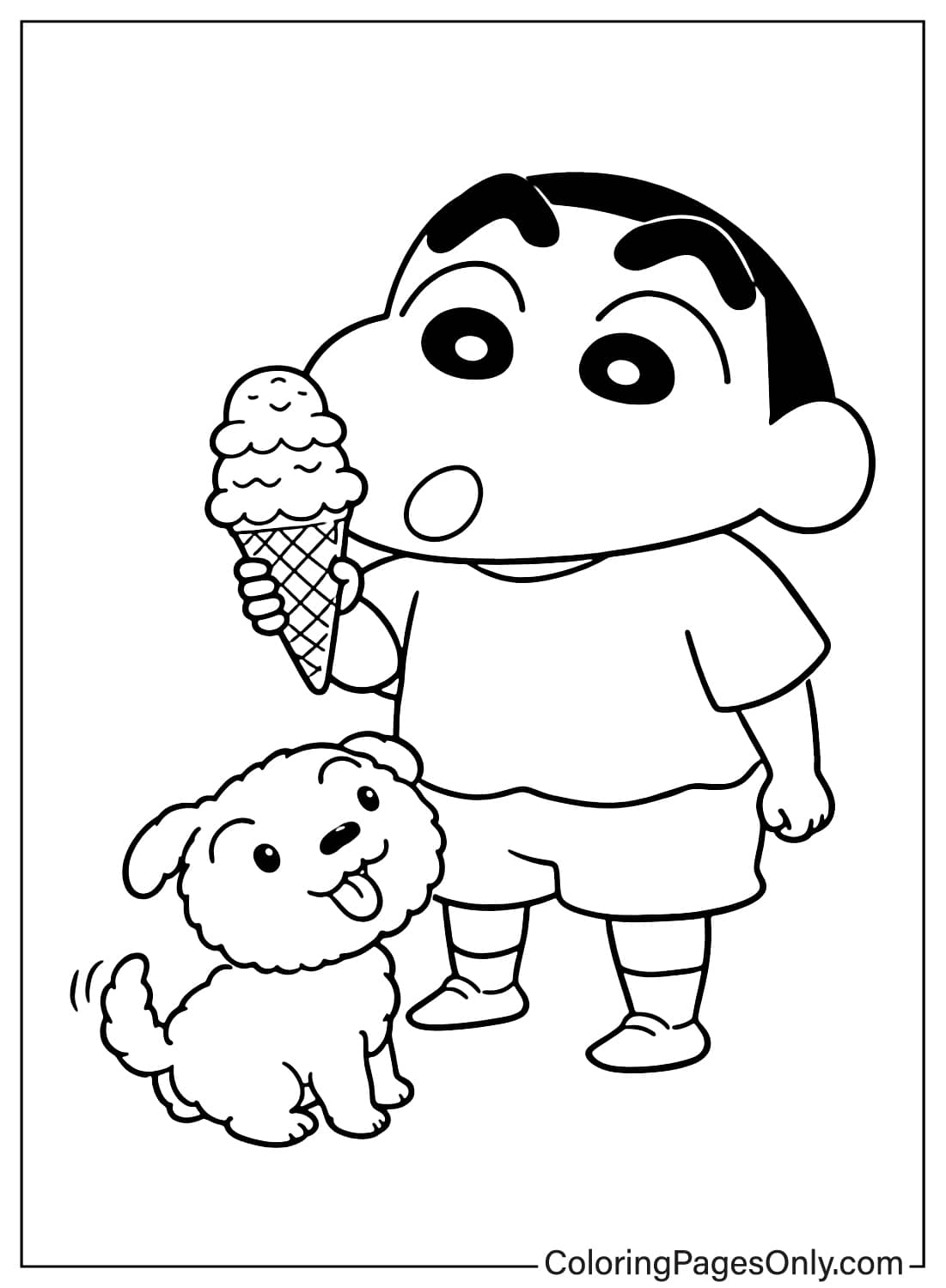 Shin-chan coloring page holding ice cream with Shiro dog from Shin-chan