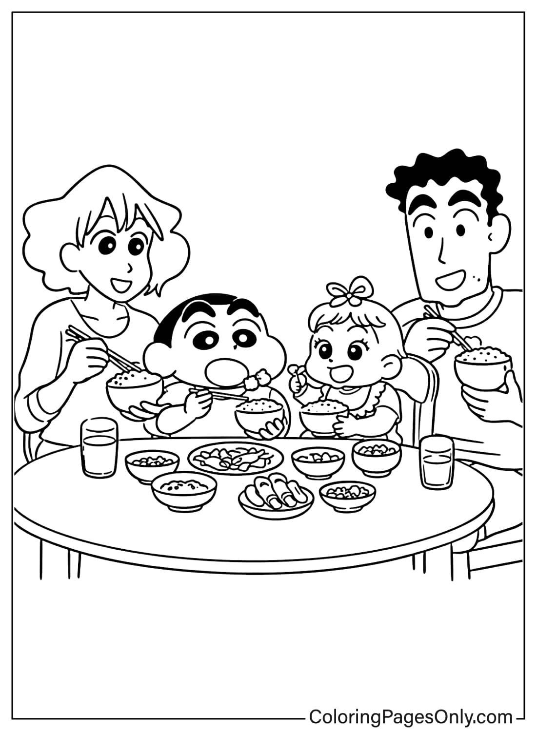 Shin-chan coloring page eating dinner with family from Shin-chan