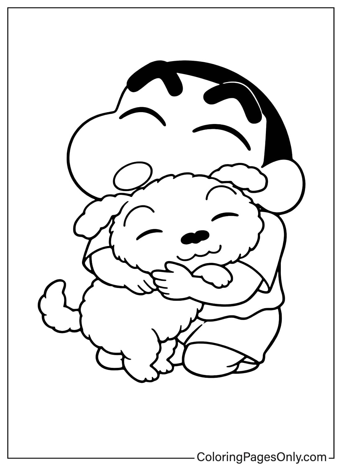 Shin-chan coloring page hugging Shiro dog cute simple outline from Shin-chan