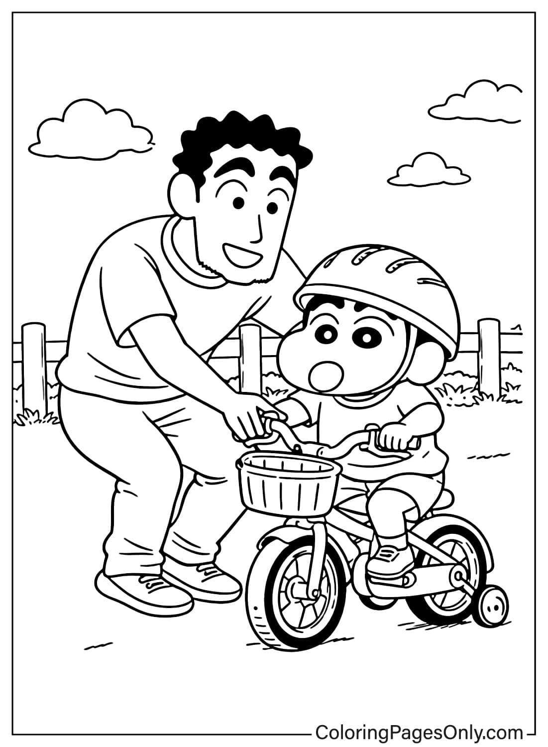 Shin-chan coloring page learning to ride bike with dad from Shin-chan