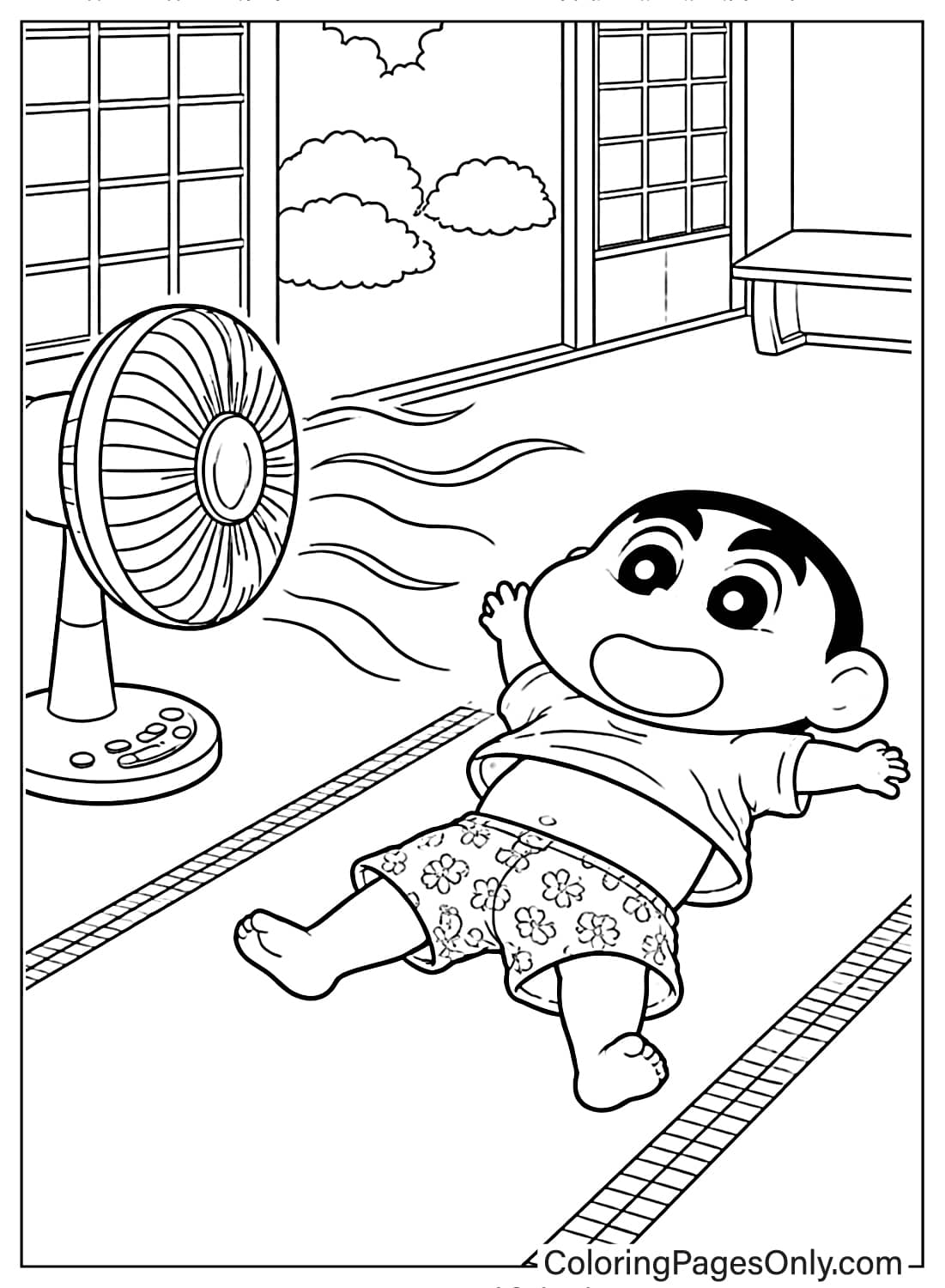 Shin-chan coloring page lying on tatami floor with fan blowing air from Shin-chan