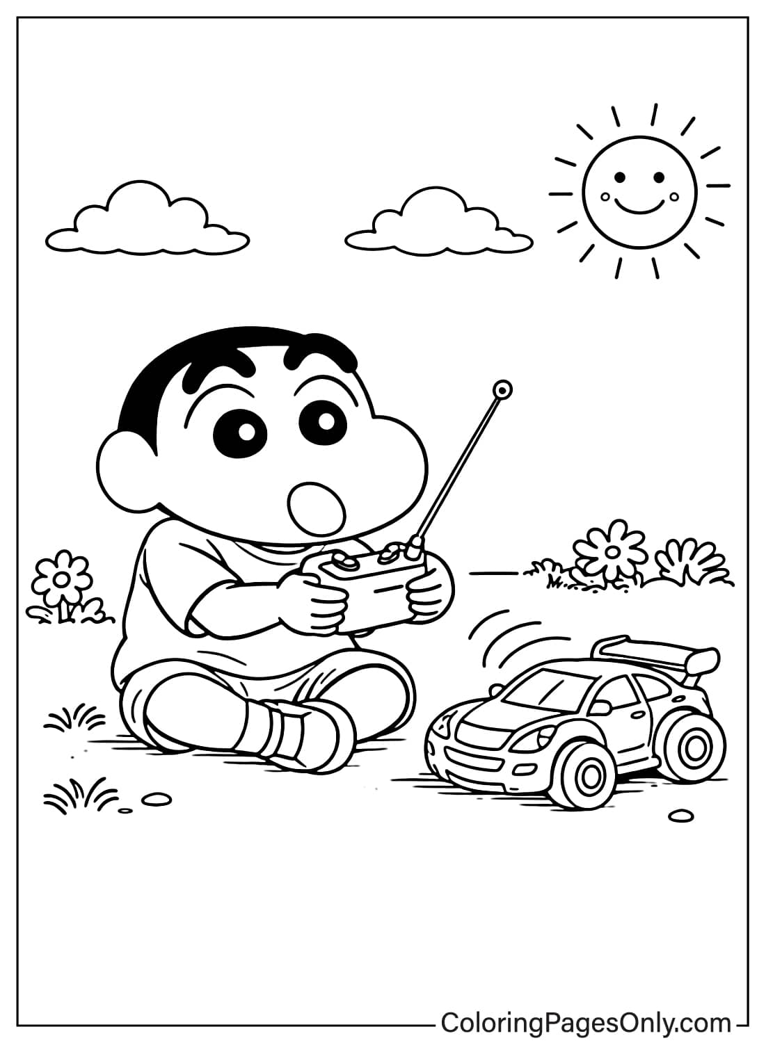 Shin-chan coloring page playing with remote control toy car outdoors from Shin-chan