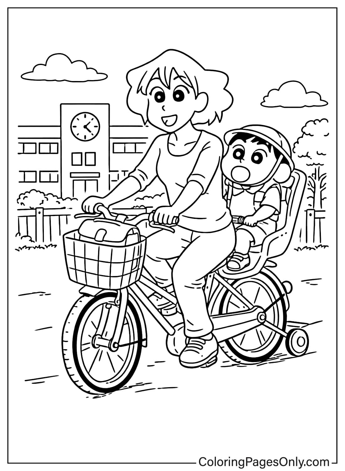 Shin-chan coloring page riding bicycle with mom to school from Shin-chan