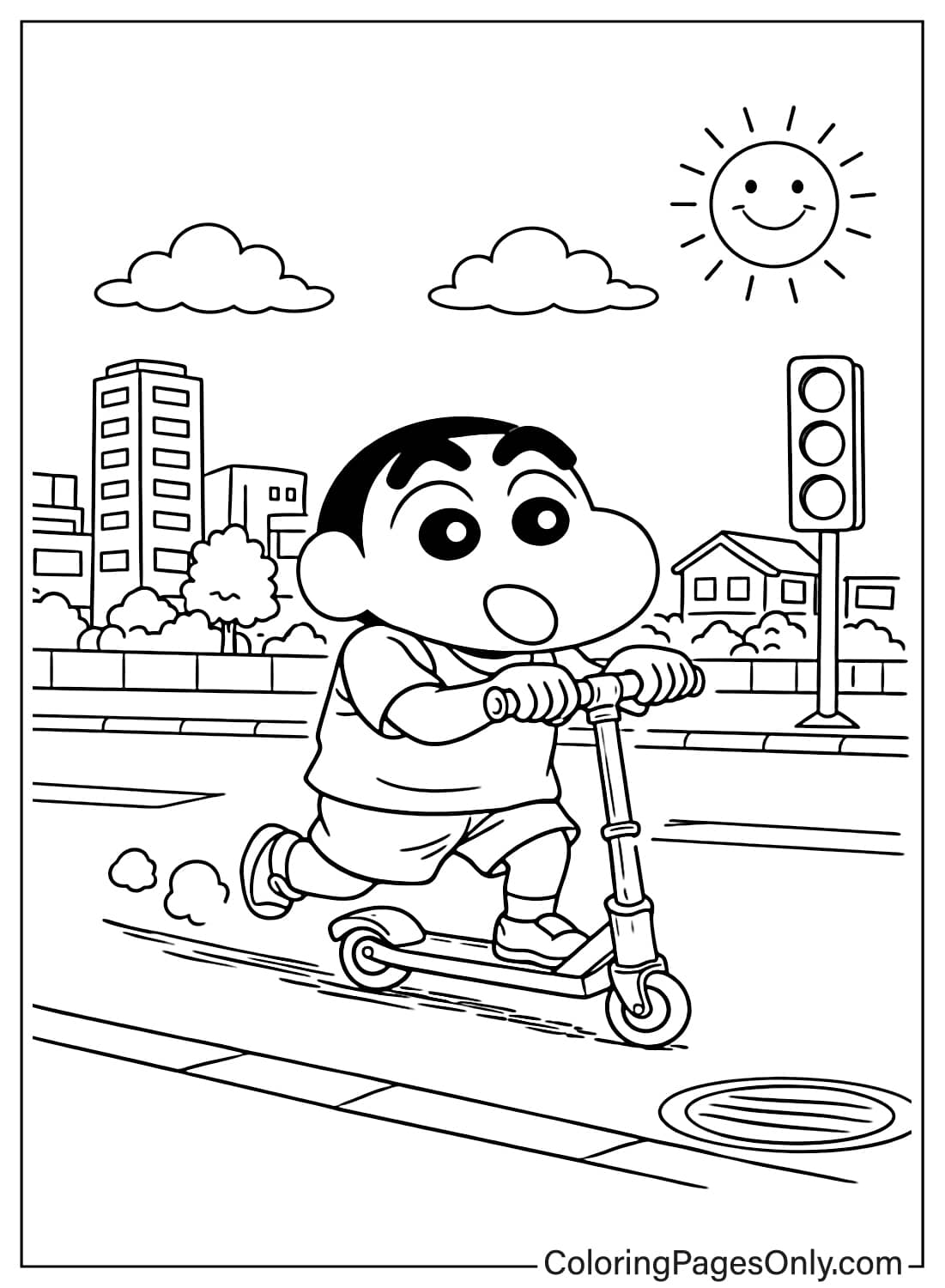 Shin-chan coloring page riding scooter on city street from Shin-chan