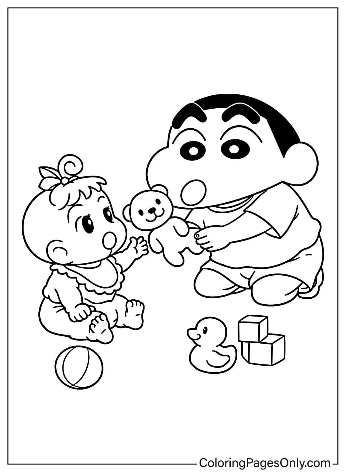 Shin-chan coloring page playing with baby Himawari toys from Shin-chan