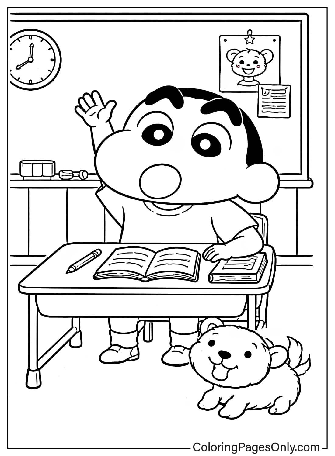 Shin-chan coloring page sitting at desk in classroom from Shin-chan