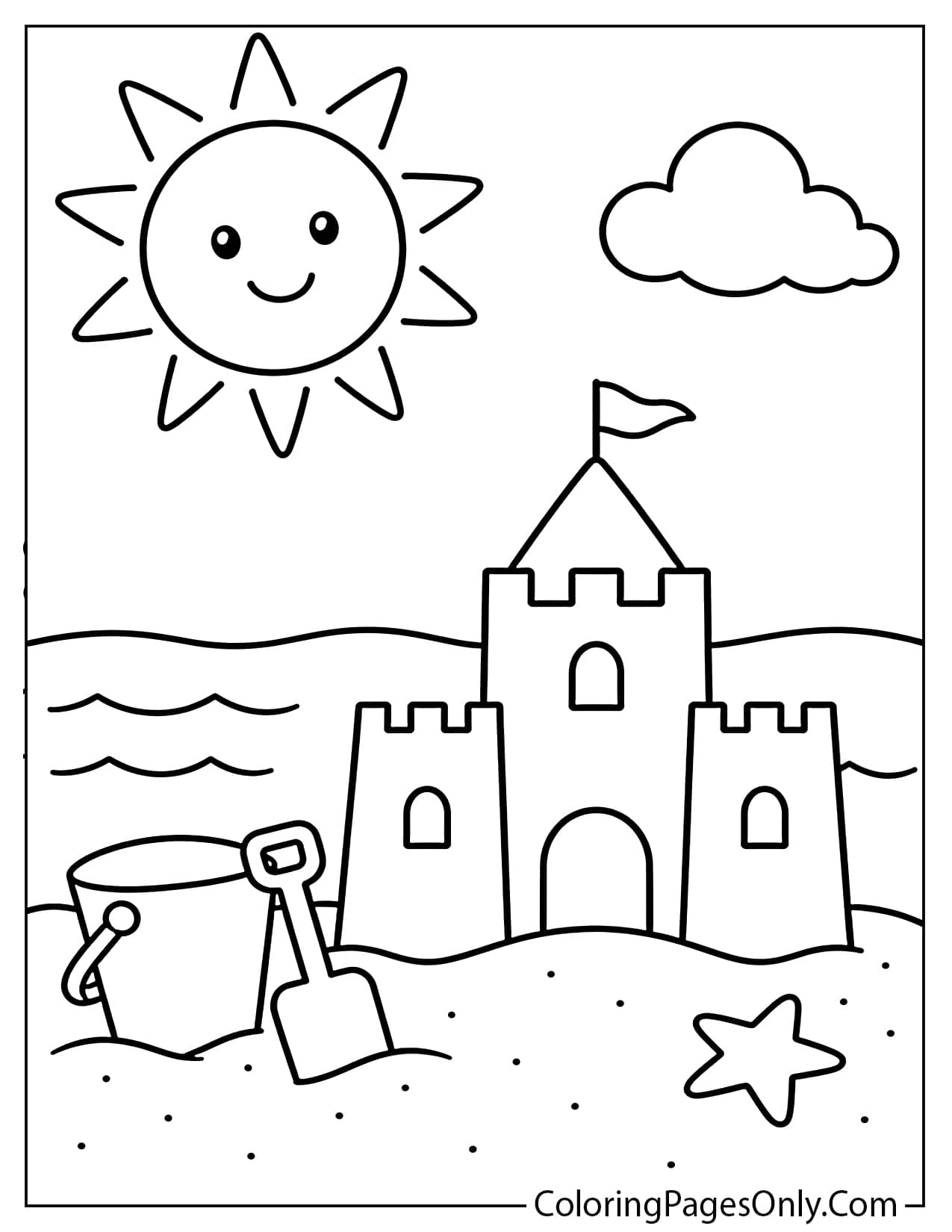 Simple beach coloring page for kids with sand and sun from Summer