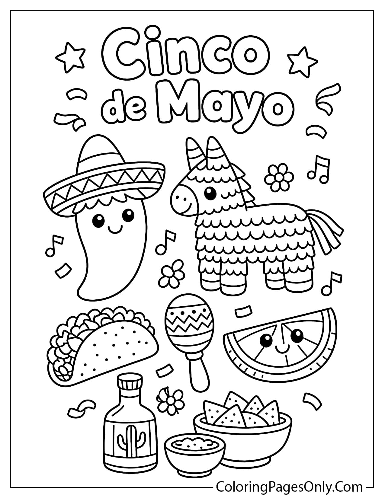 Simple preschool Cinco de Mayo coloring page with a sombrero and maracas from Cinco De Mayo