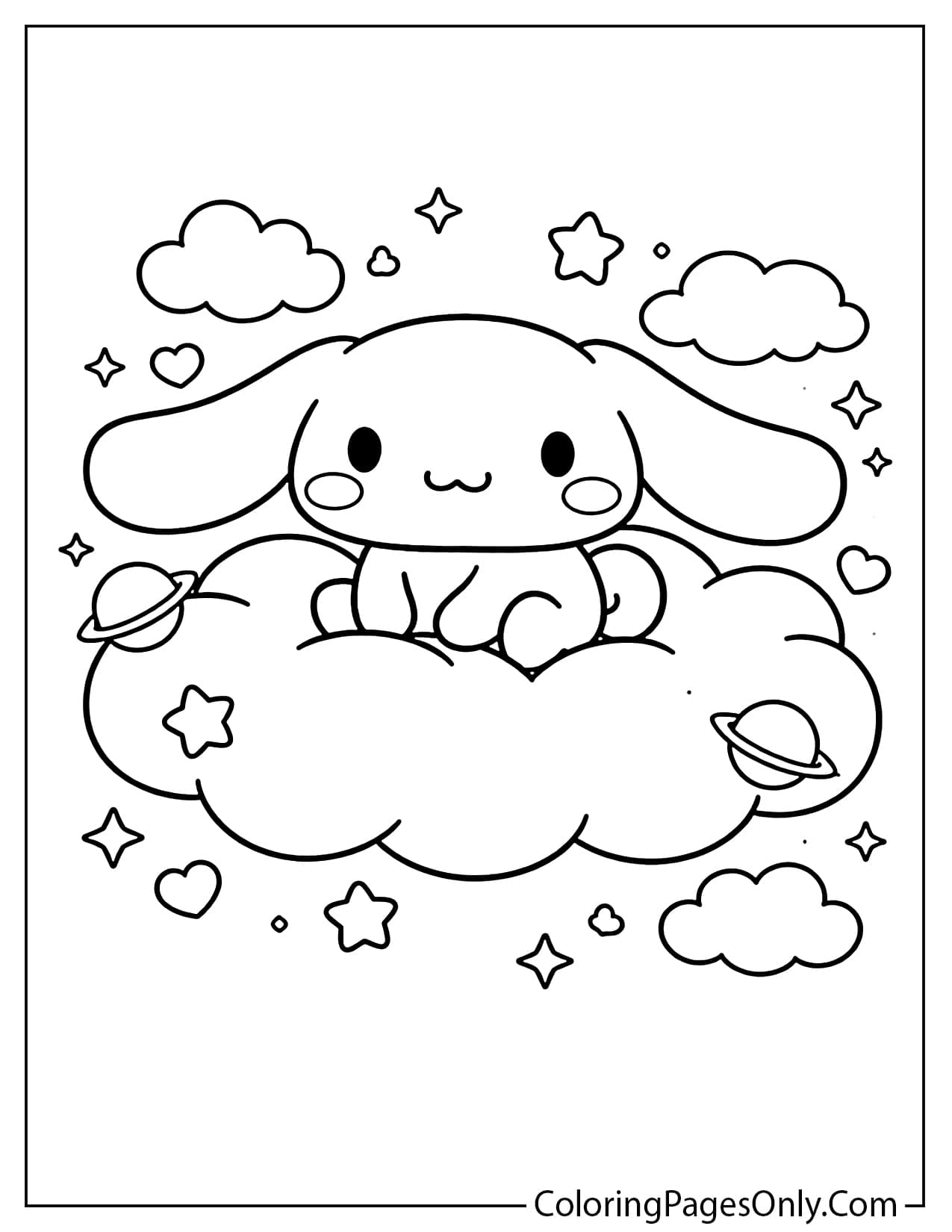 Cinnamoroll sitting on a fluffy cloud surrounded by stars, small clouds, and cute space elements from Cinnamoroll