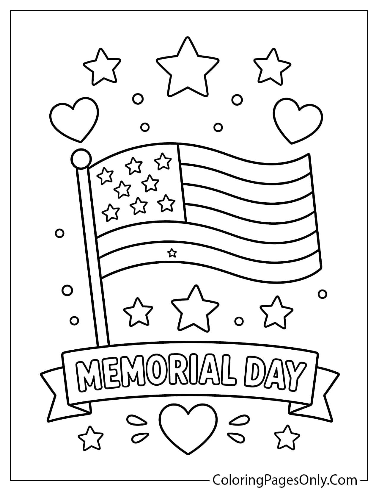 Simple Memorial Day coloring page for preschoolers with flag, stars, and hearts from Memorial Day