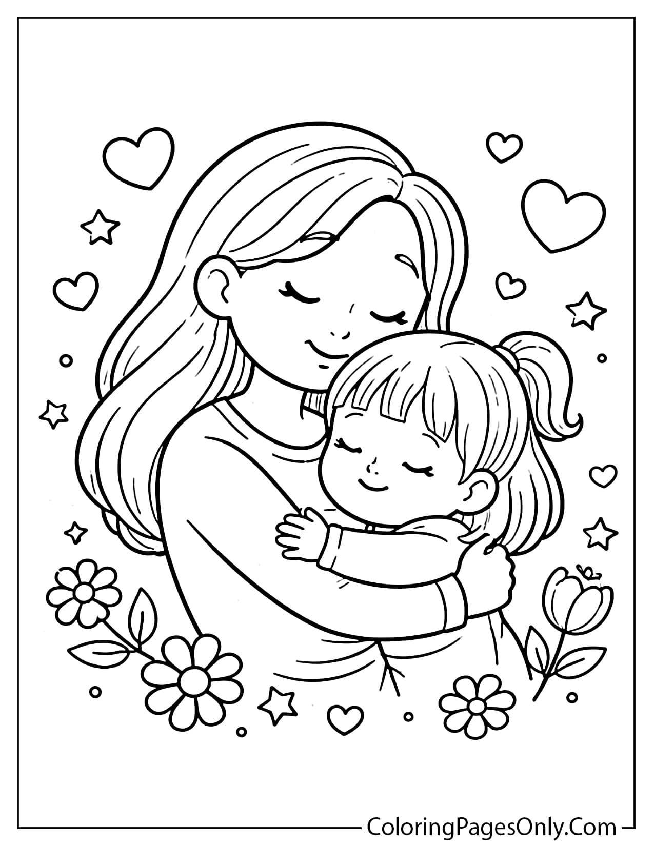 Simple mom and child hug coloring page with loving embrace, hearts, and flowers in clean line art for kids from Mother's Day