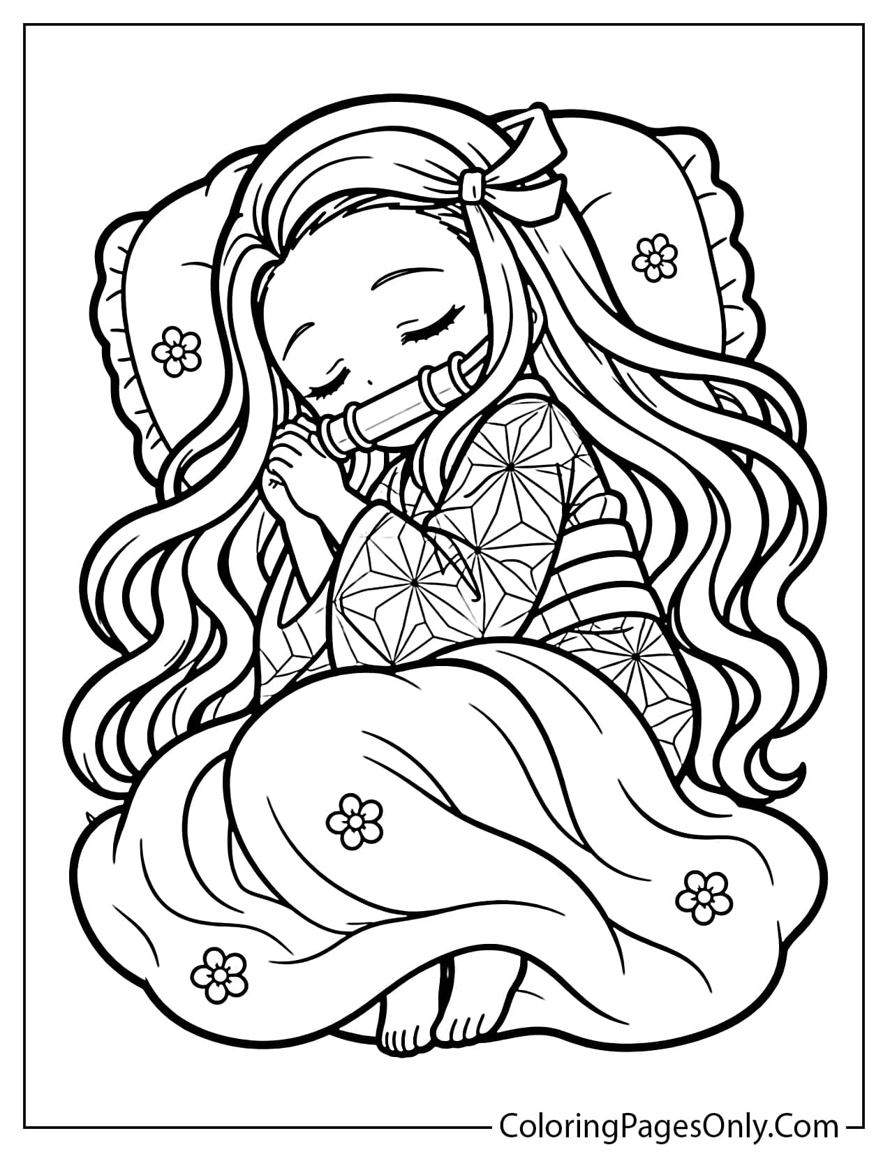 Sleeping Nezuko curled up on a pillow in her kimono from Nezuko