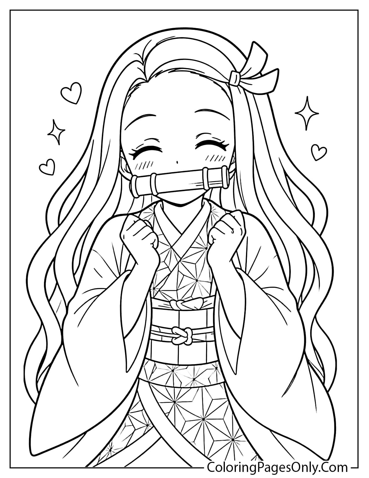 Smiling Nezuko with closed eyes, blush, and happy fists from Nezuko
