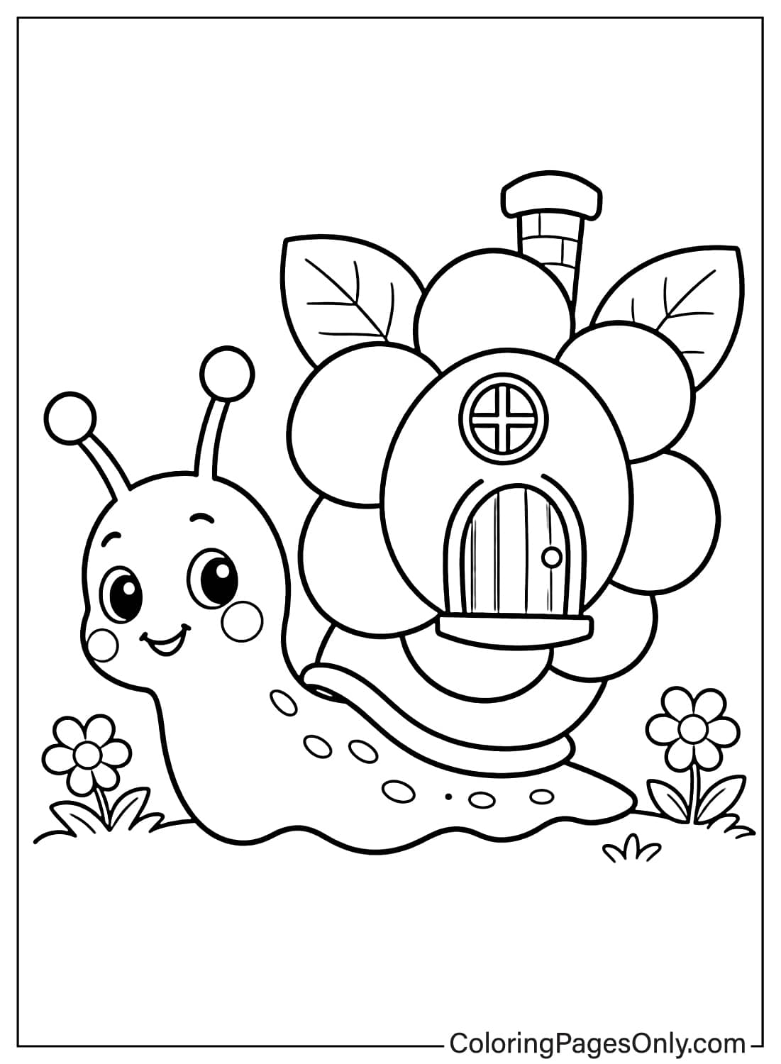 Cute snail with a flower-shaped house on its back surrounded by flowers – May coloring page from May
