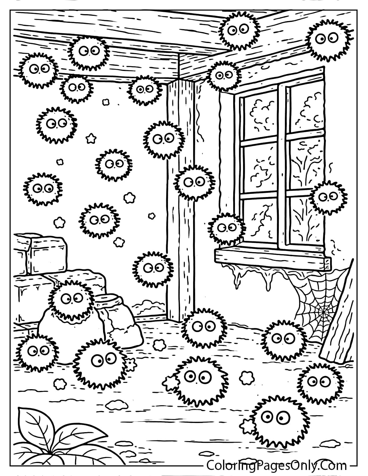Soot Sprites floating inside an old house coloring page from My Neighbor Totoro