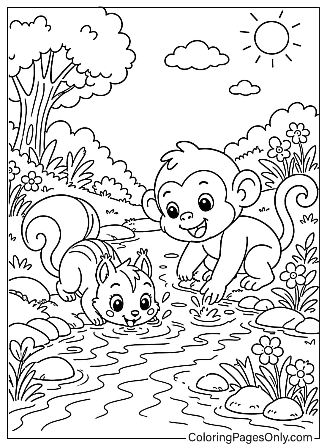 Cute squirrel and monkey drinking and playing in a small stream with flowers – May nature coloring page from May