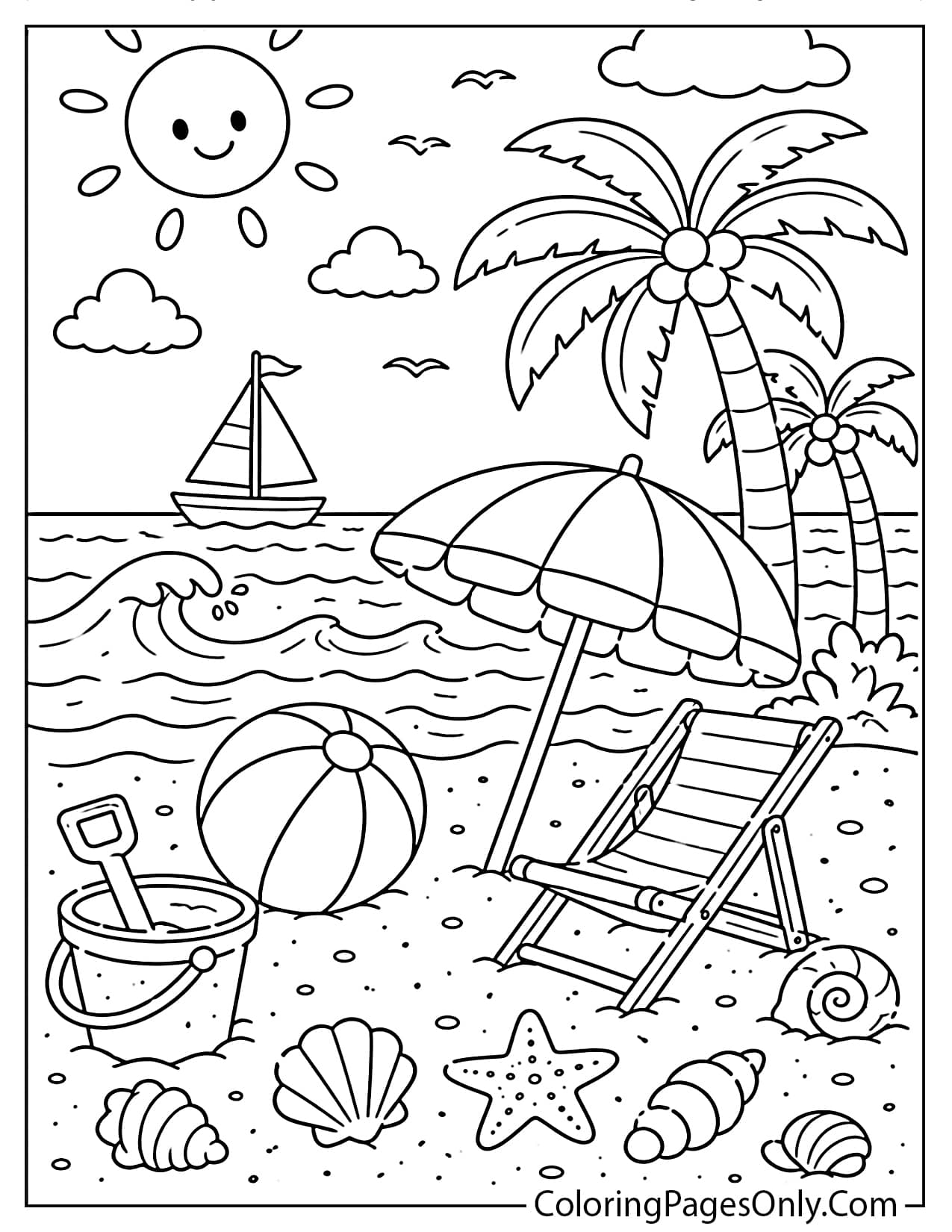 Summer beach scene coloring page for kids from Beach