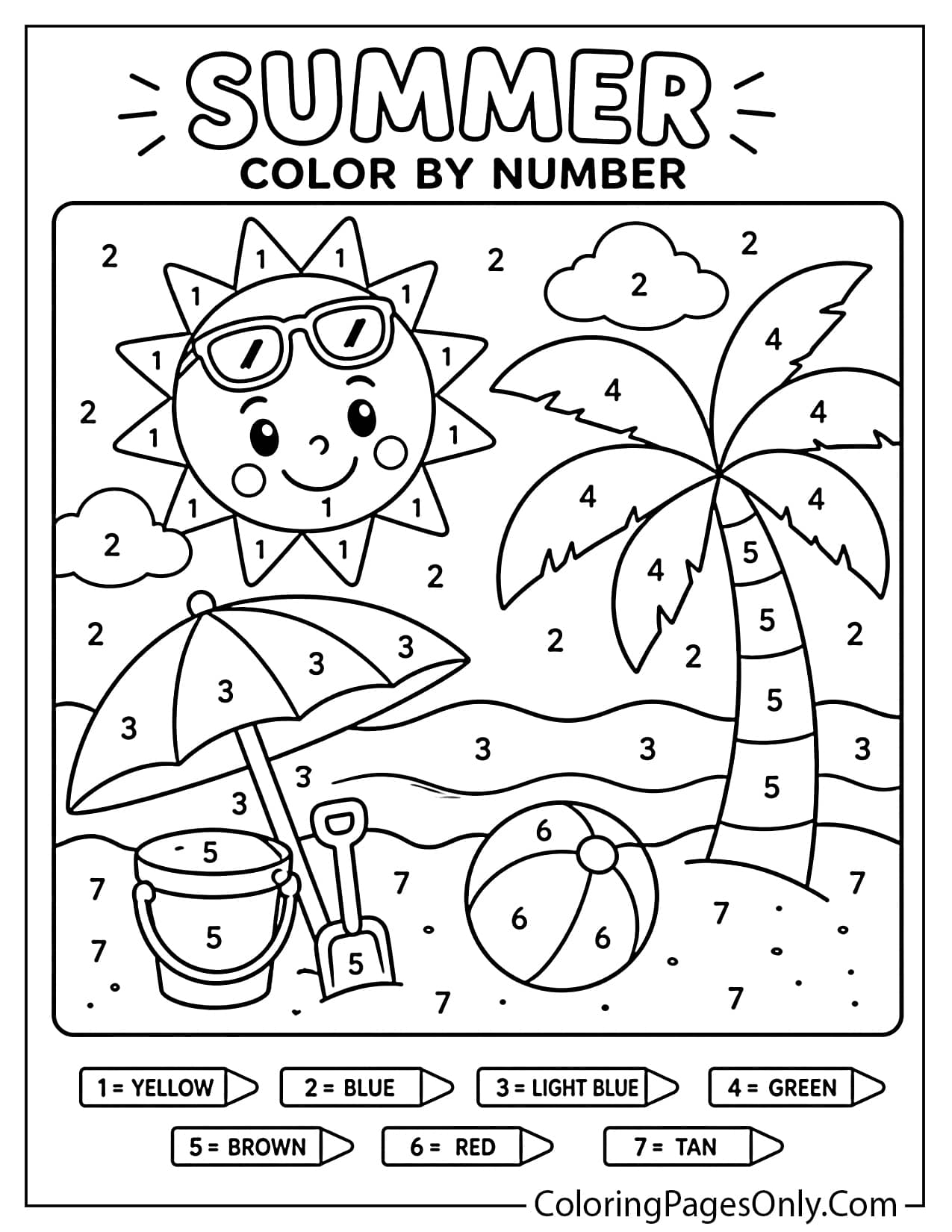 Summer color by number coloring page for kids from Summer