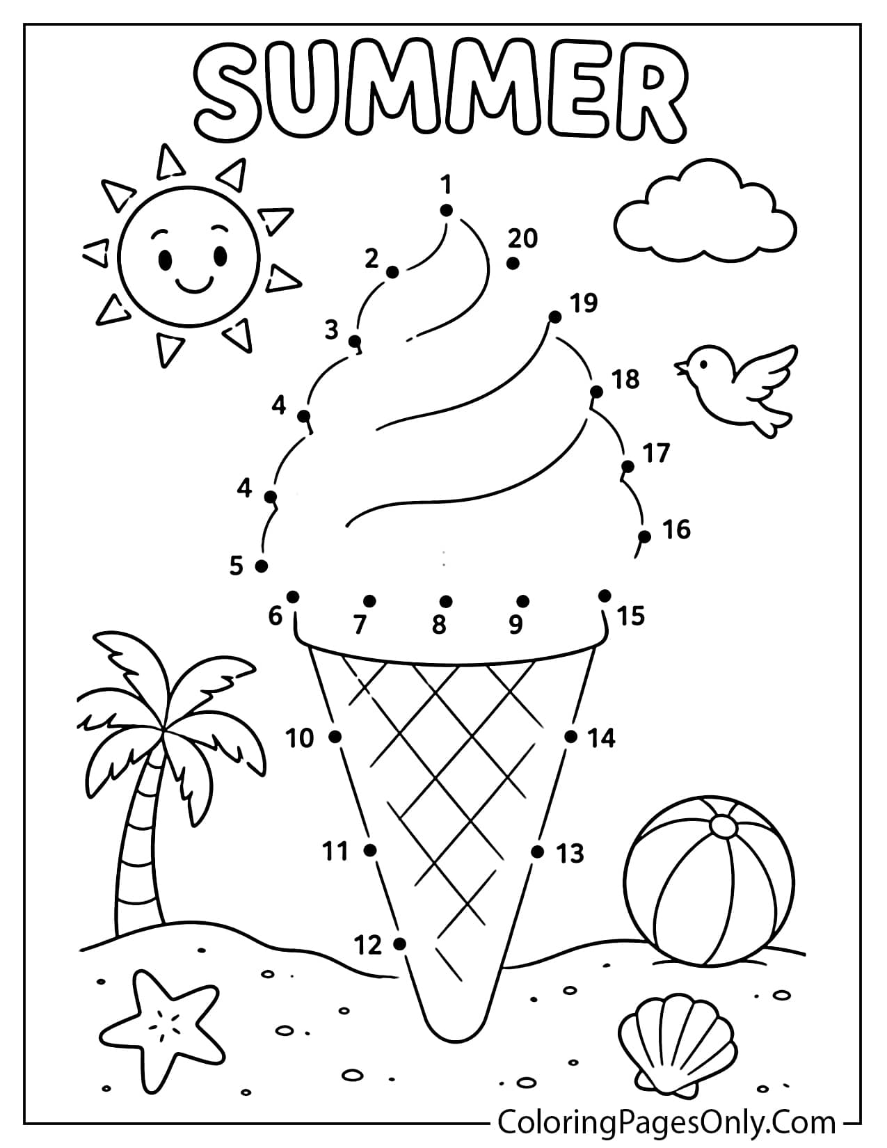 Summer dot to dot coloring page for kids activity from Summer