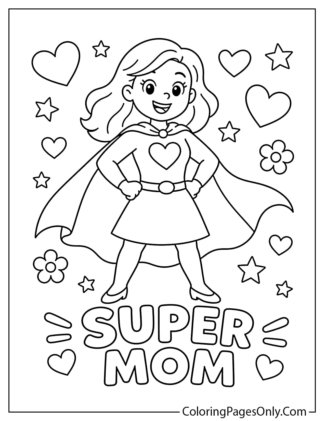 Super mom coloring page with cape and heart from I Love Mom